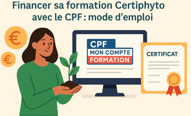 Illustration d'une femme tenant une plante avec un écran montrant le logo CPF et un certificat, accompagné d'icônes d'euros